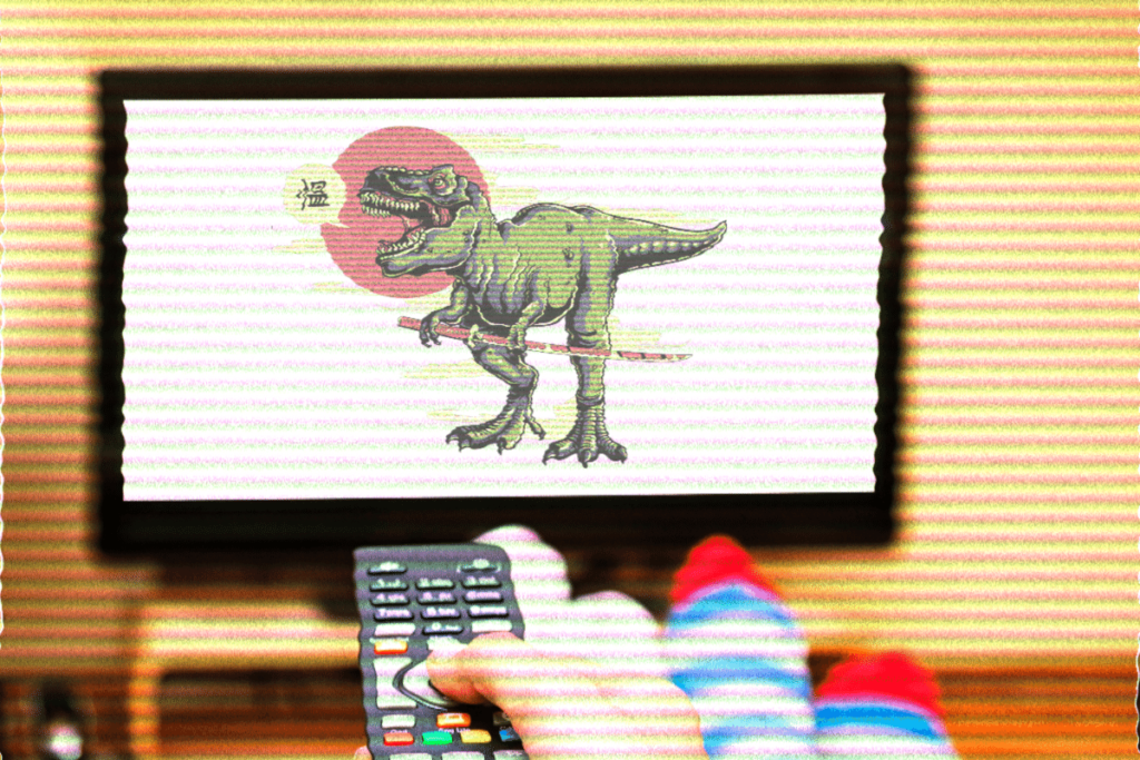 A T-Rex wielding a katana in front of the Japanese flag - Beginner Anime Binge List